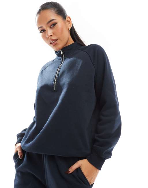 Pieces - Felpa blu navy scuro con zip corta in coordinato