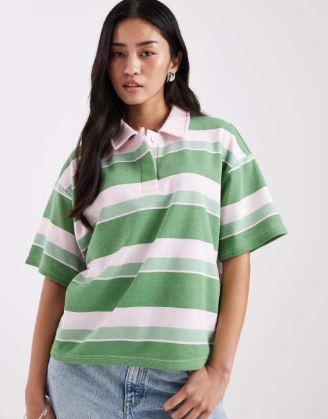 Pieces - Felpa stile polo a maniche corte verde e rosa a righe - view 1