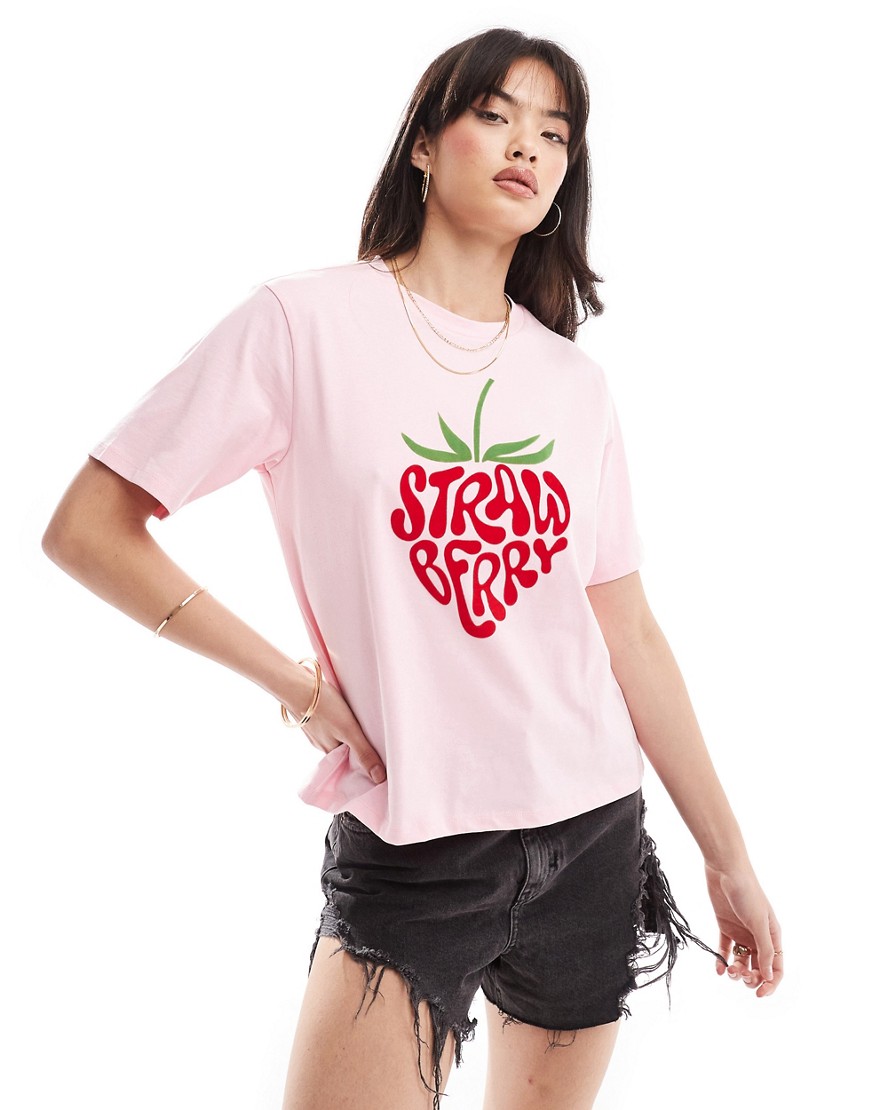 Pieces Felt 'strawberry' Print Oversized T-shirt In Pink
