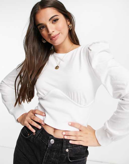Pieces - Fenella - Crop top bianco a maniche lunghe con coppe