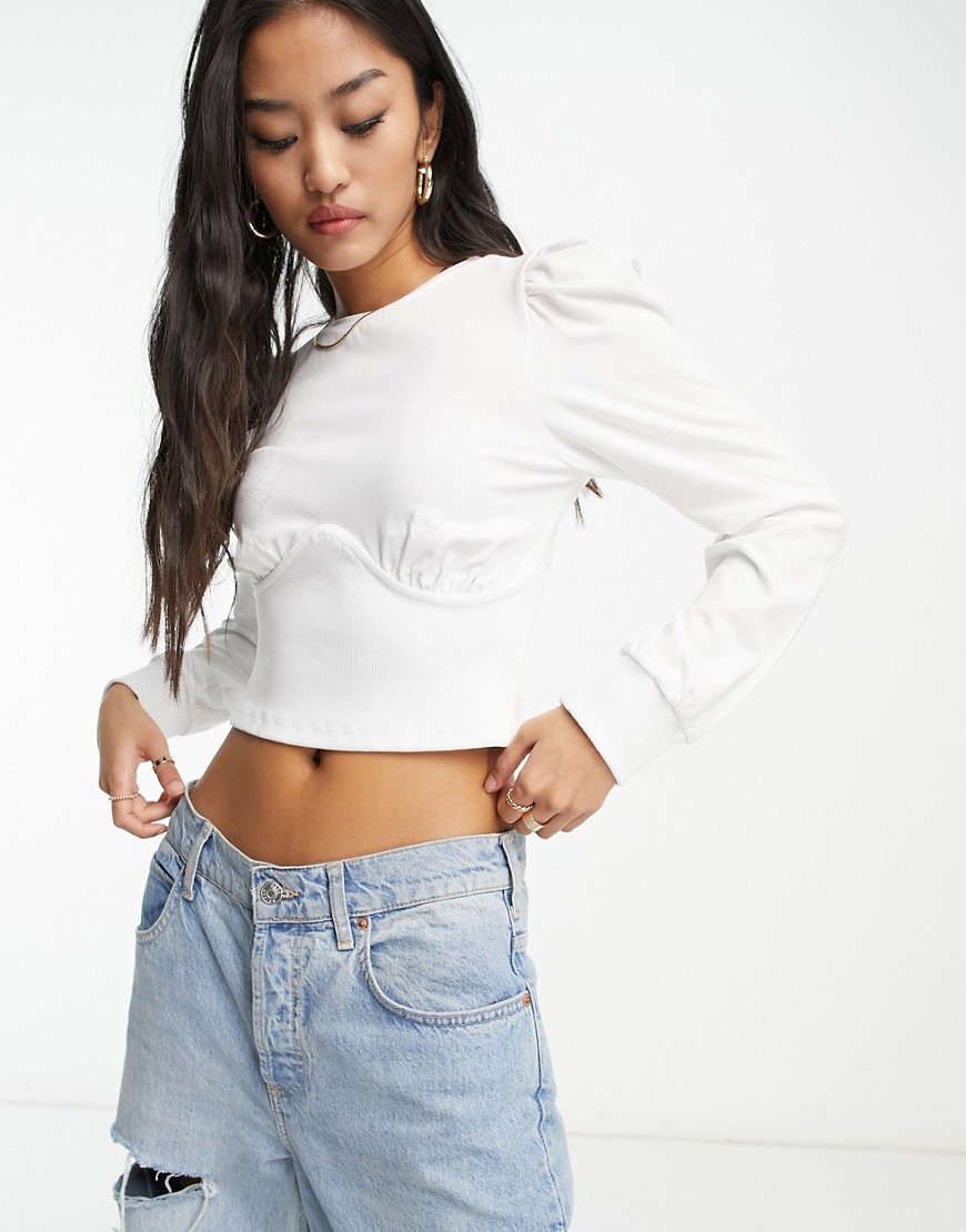 Pieces fenella long sleeve cup detail crop top in white