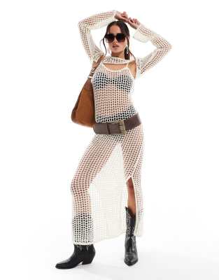Festival open crochet maxi dress in cream-White