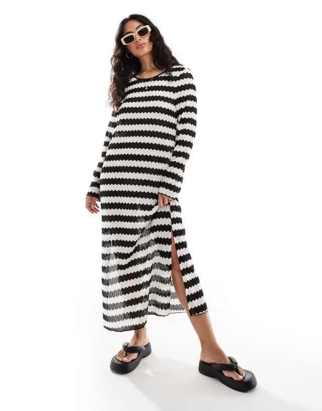 Pieces - festival sheer crochet wave stripe maxi dress in black and cream