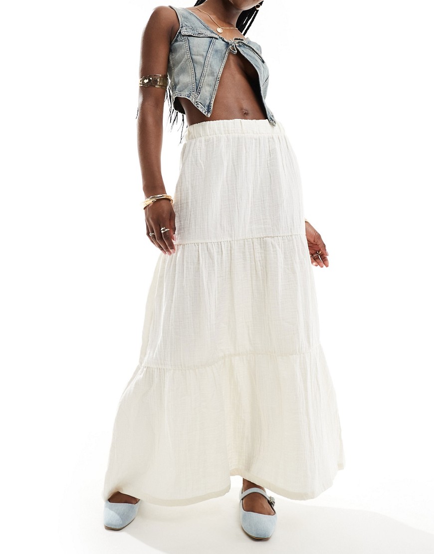 Pieces Festival tiered maxi skirt in white