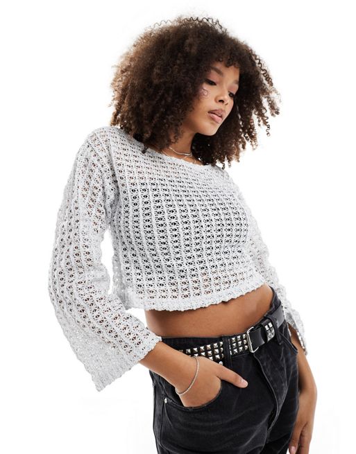 Pieces Festival two tone crochet wide sleeve top with in metallic silver