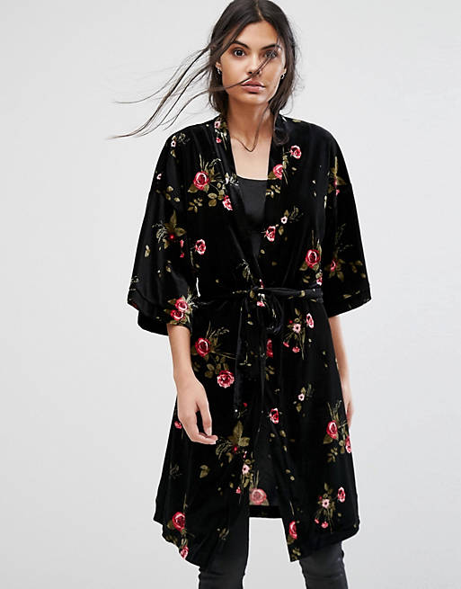 Pieces – Fille – Kimono-Jacke mit Blumenmuster im Ausbrenner-Design