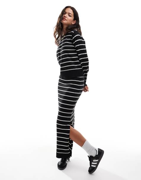 Pieces fine knit jumper and maxi skirt set in black stripe - view 1