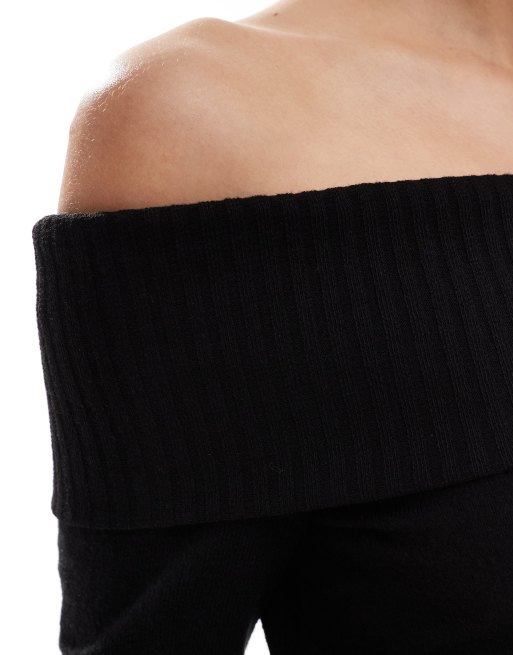 Pieces fine knit off shoulder jumper in black ASOS