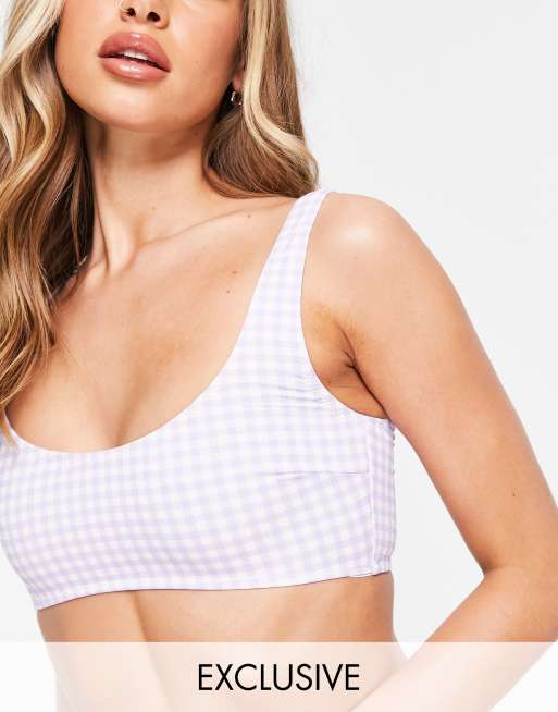 Pieces – Fioletowa góra od bikini z dekoltem w kształcie litery U i wzorem w kratkę vichy, tylko w ASOS