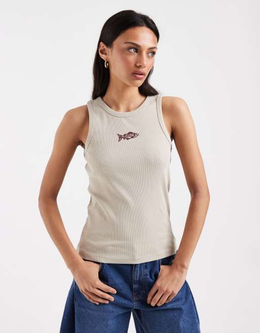 Pieces fish embroidered cotton vest top in grey, 2 of 4