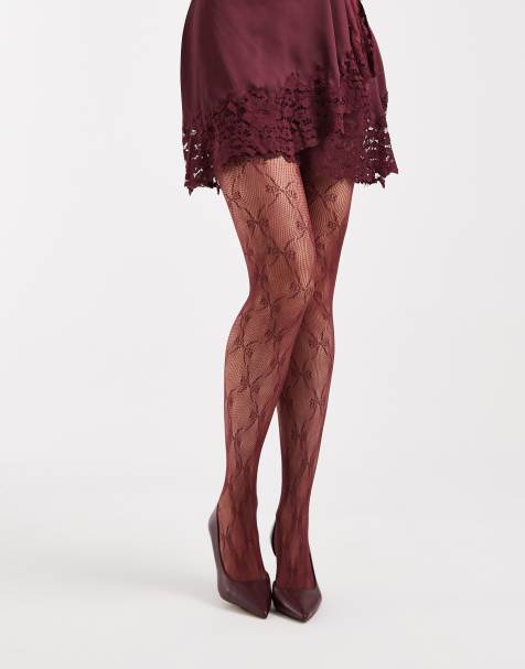 Pieces fishnet bow tights in burgundy - view 1