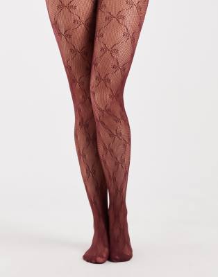 Pieces Fishnet Bow Tights In Burgundy