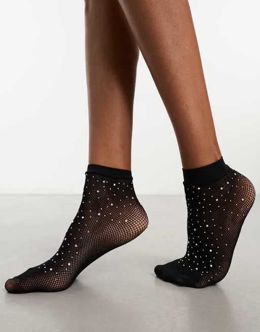 Pieces fishnet rhinestone socks in black