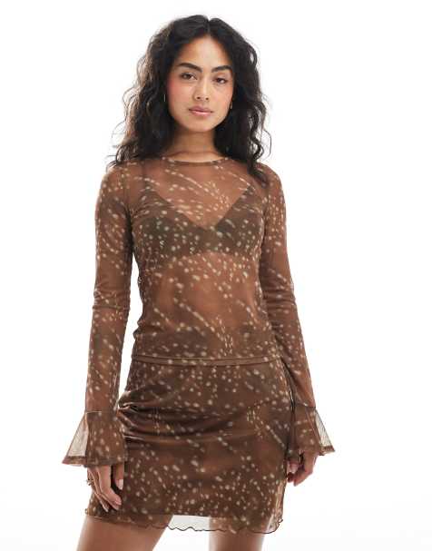 Pieces flare sleeve print mesh top co-ord in brown - view 1