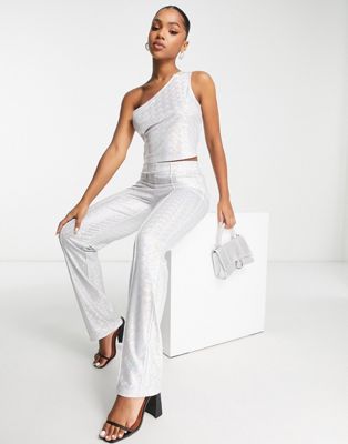 Pieces Premium exclusive holographic flared trousers co-ord in silver