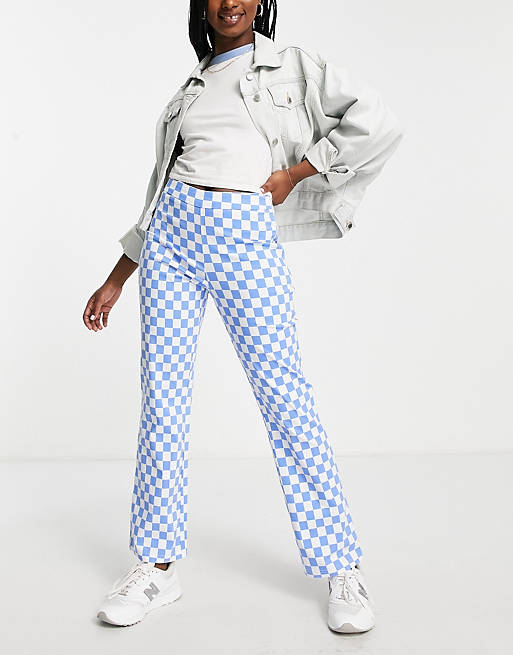 Pieces flared pants in pastel blue check