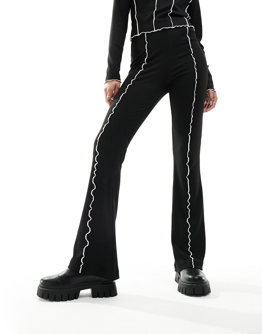 Pieces Flared Ribbed Pants With Contrast Stitch In Black - Part Of A Set