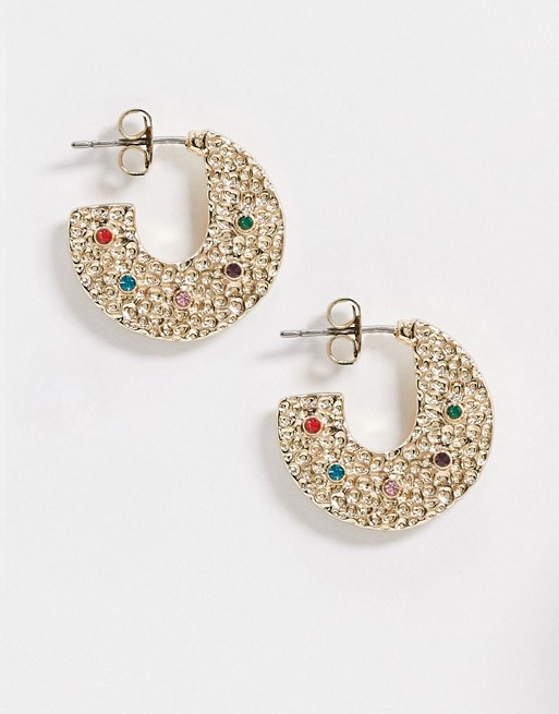 Pieces chunky hoop earrings with rainbow stones in gold