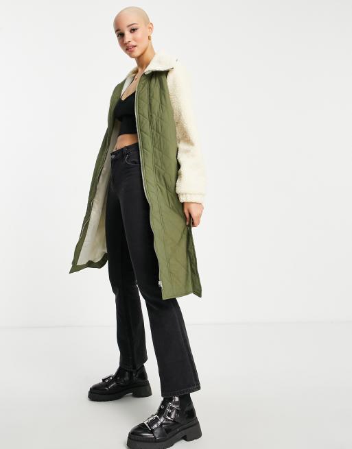 Pieces fleece longline quilted jacket in green