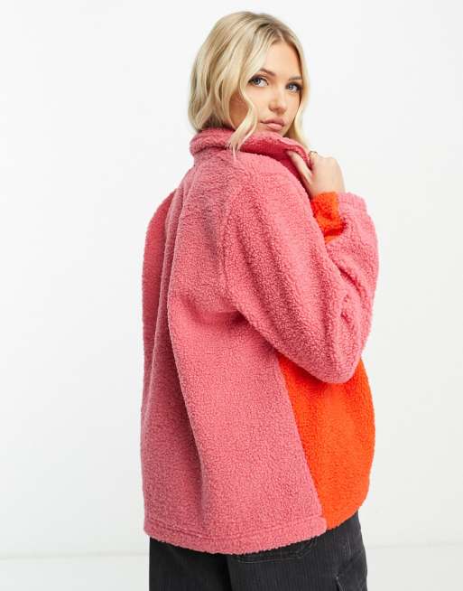 Pieces - Fleecejack met contrasterende panelen in felroze & rood kleurvakken, 2 van 4