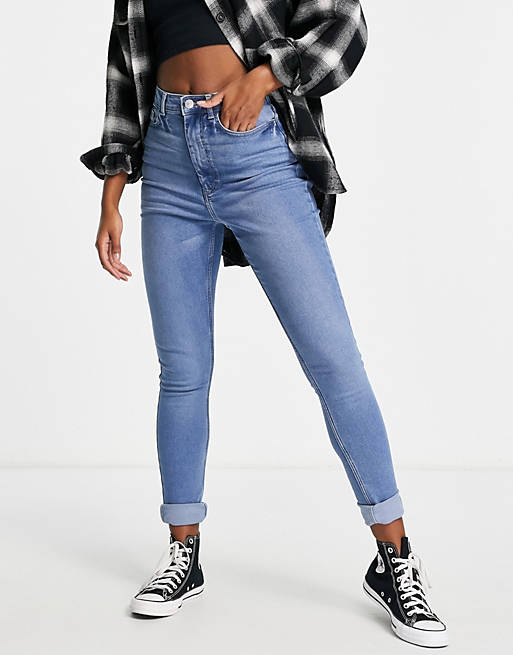 Pieces Flex super high waisted skinny jeans in light blue wash