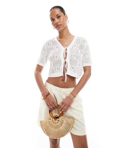 Pieces floral checkerboard crochet top with tie front detail in cream - view 1