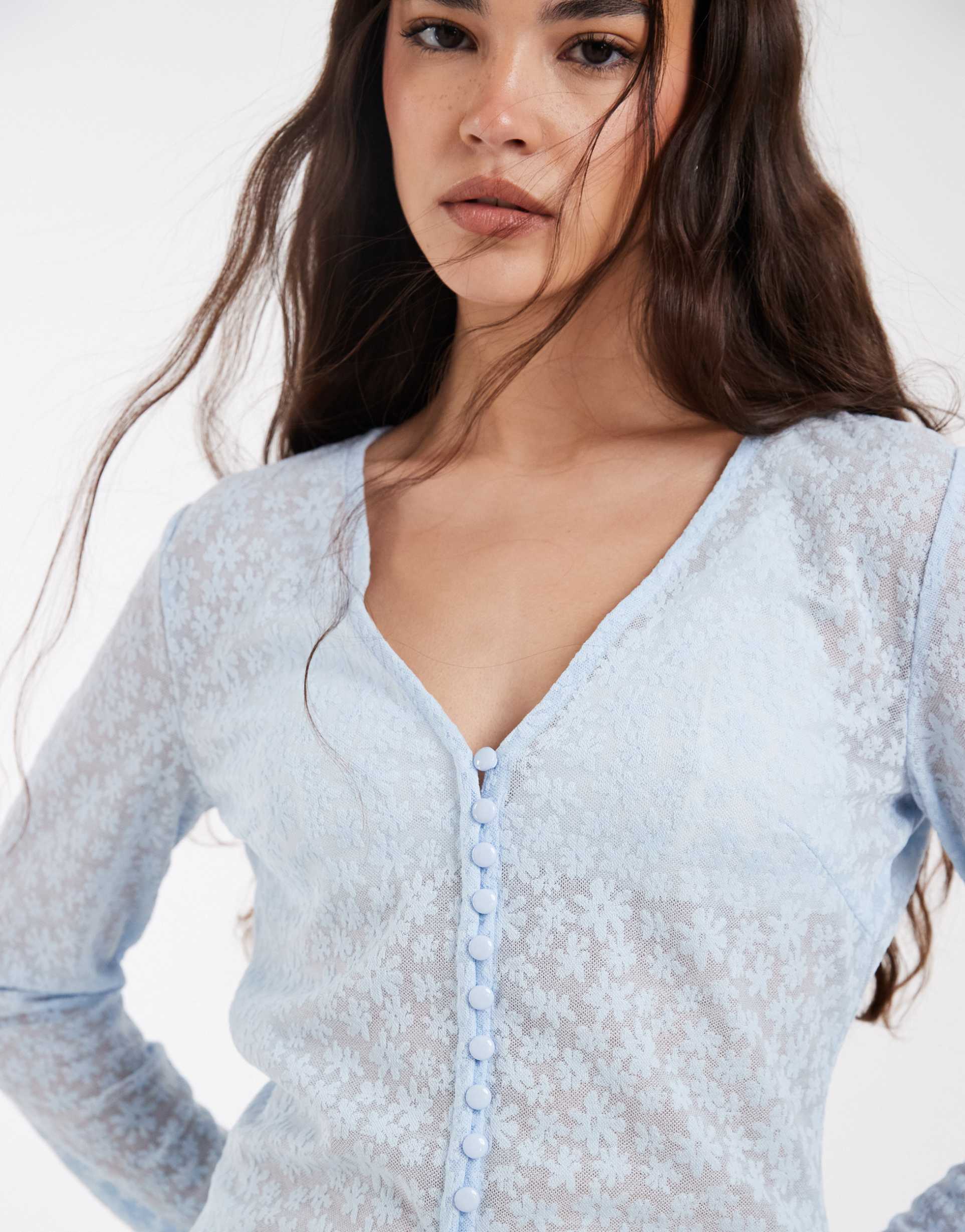 pieces floral devore button front cardigan in pale blue