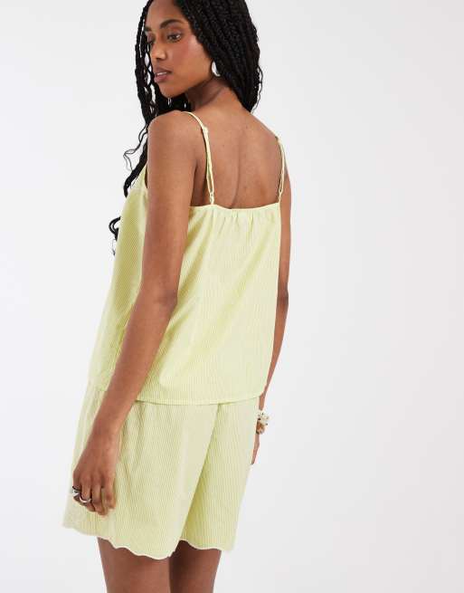 PIECES floral embroidered cami top in celery green striped print - part of a set, 4 of 4