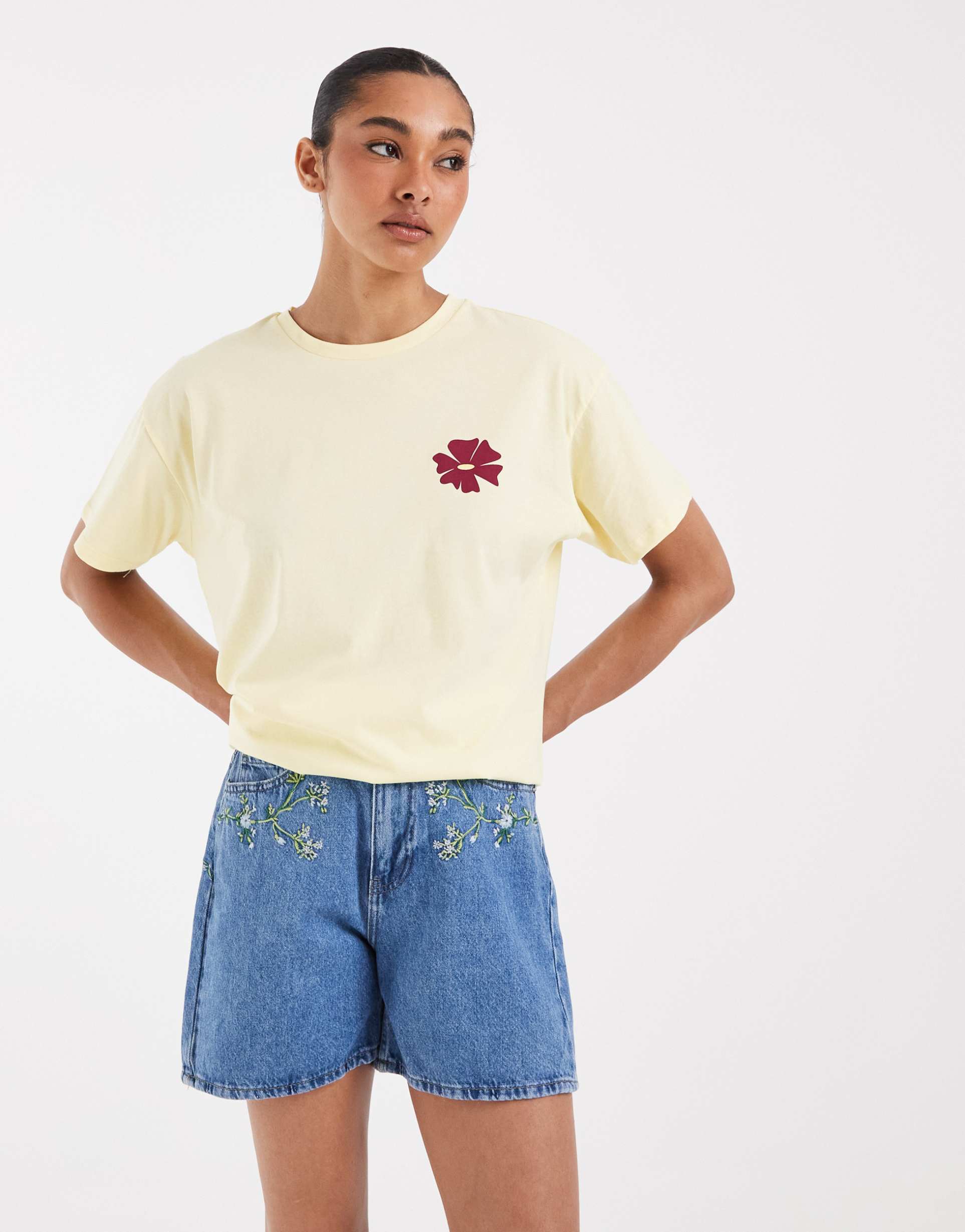 pieces floral embroidered denim shorts in medium blue