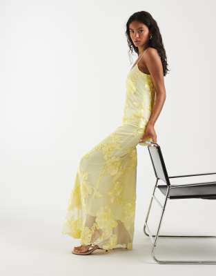 Pieces Floral Embroidered Mesh Cami Maxi Dress In Yellow