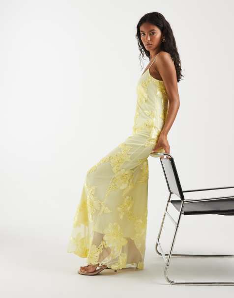 PIECES floral embroidered mesh cami maxi dress in pastel yellow - view 1