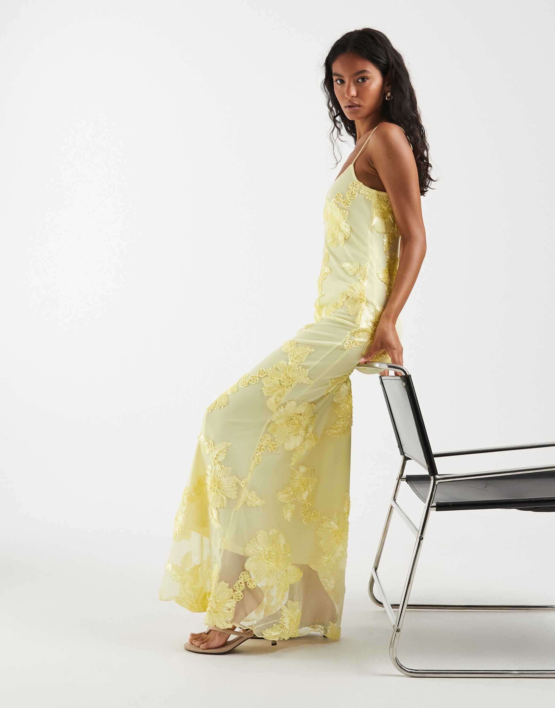 pieces floral embroidered mesh cami maxi dress in pastel yellow