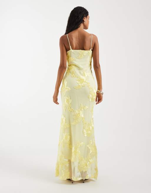 Pieces floral embroidered mesh cami maxi dress in pastel yellow, 4 of 4