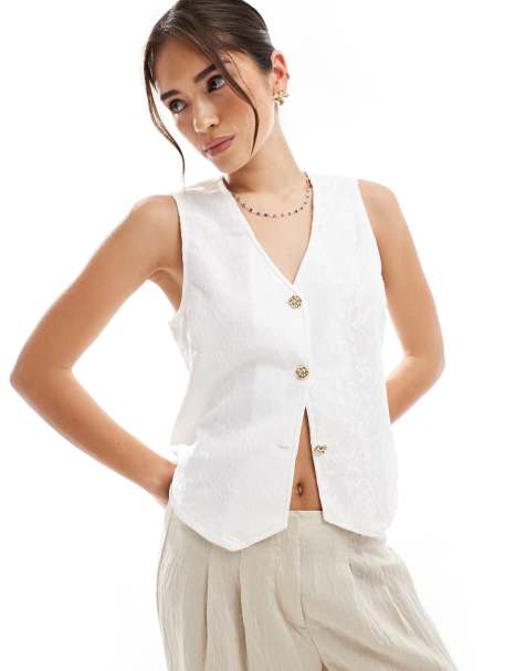 Pieces floral jacquard waistcoat in white - view 1
