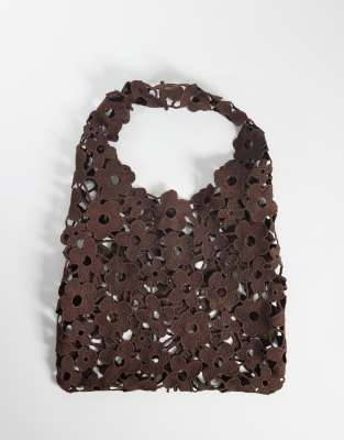 Pieces Floral Lace Slouchy Bag In Brown