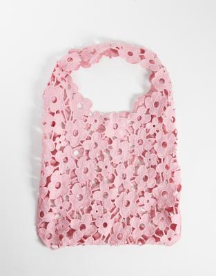 Pieces floral lace slouchy bag in light pink