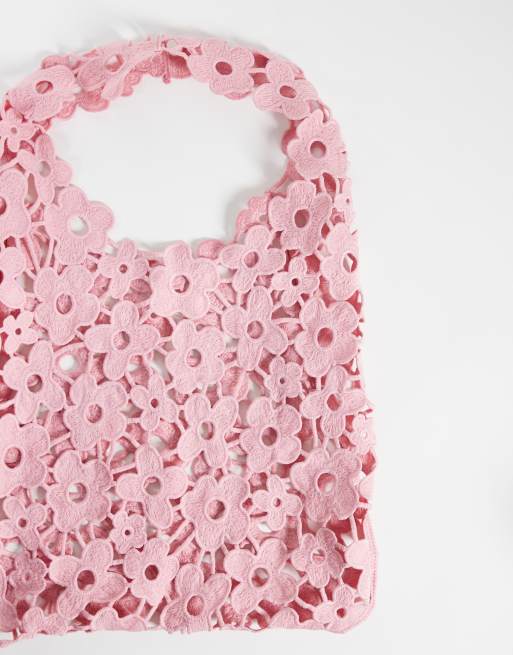 Pieces floral lace slouchy bag in light pink, 4 of 4