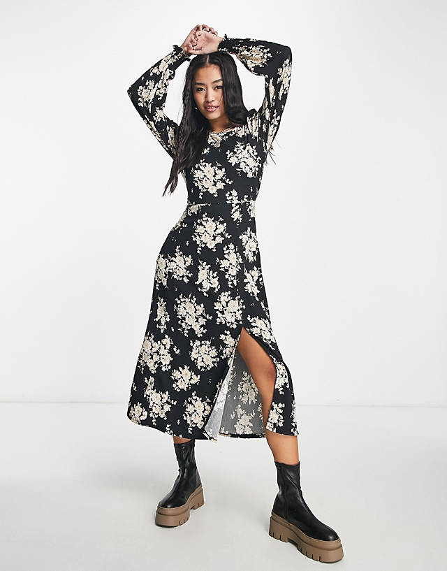 Pieces floral printed midi dress with side split in black