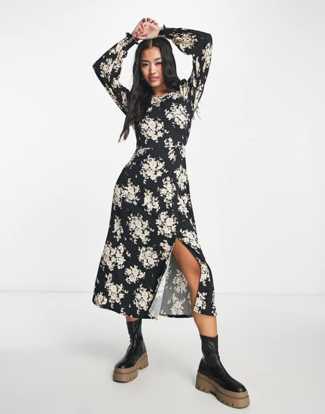 Pieces floral printed midi dress with side split in black