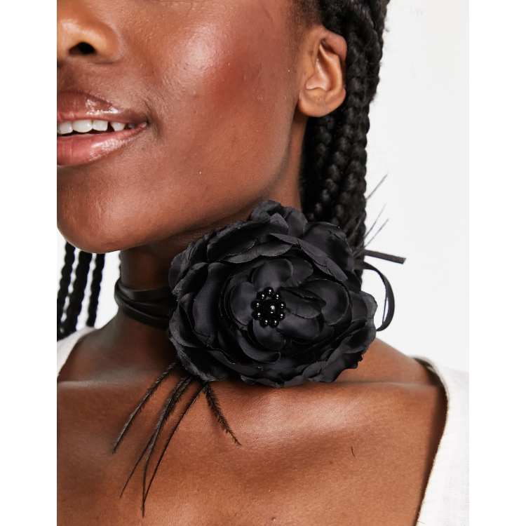 ASOS DESIGN choker necklace with corsage flower and tie detail in black