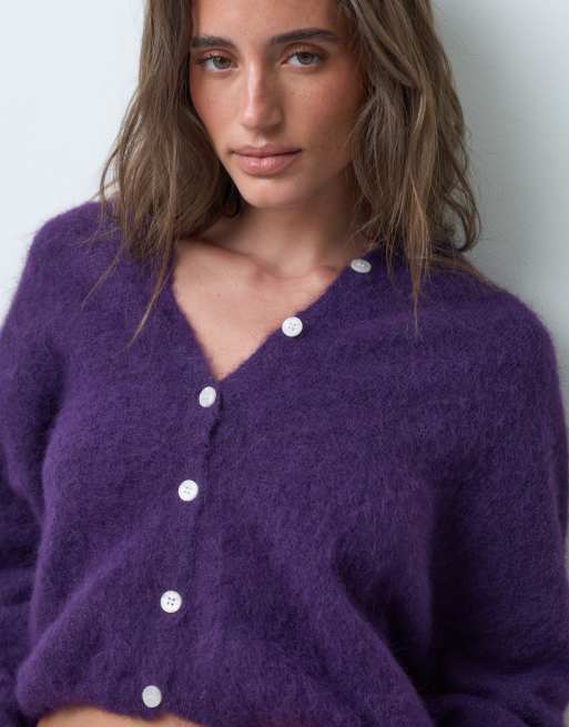 Pieces fluffig stickad slouchy-kofta i mörklila, 4 av 4