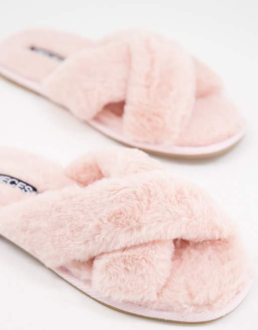 Pieces fluffy cross over slippers in pink ASOS