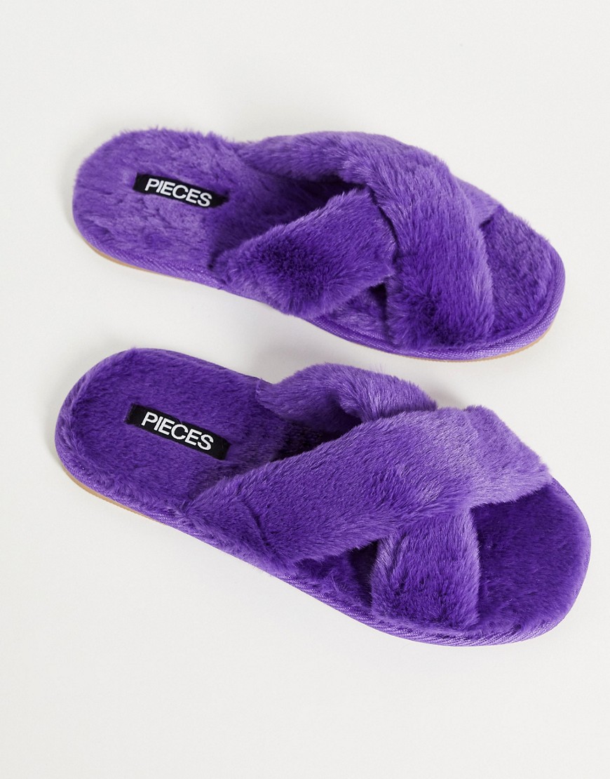 Pieces Fluffy Cross Over Slippers In Purple