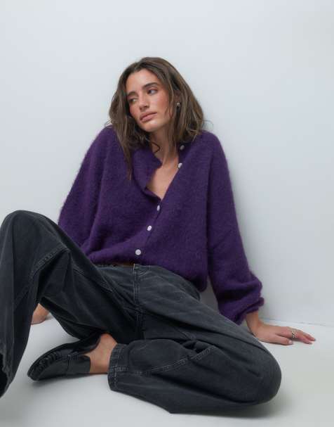 Pieces fluffy gebreid ruimvallend vest in donkerpaars - view 1