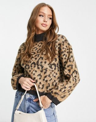 Pieces fluffy jumper in brown leopard print