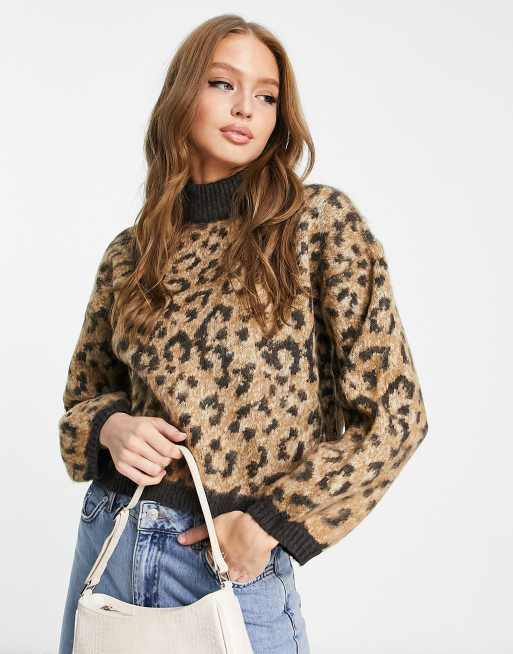 Pieces fluffy jumper in brown leopard print ASOS