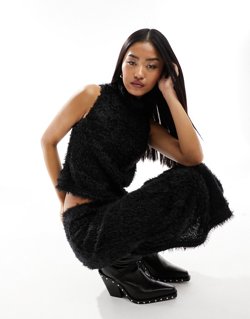 Pieces fluffy knit high neck top co-ord in black