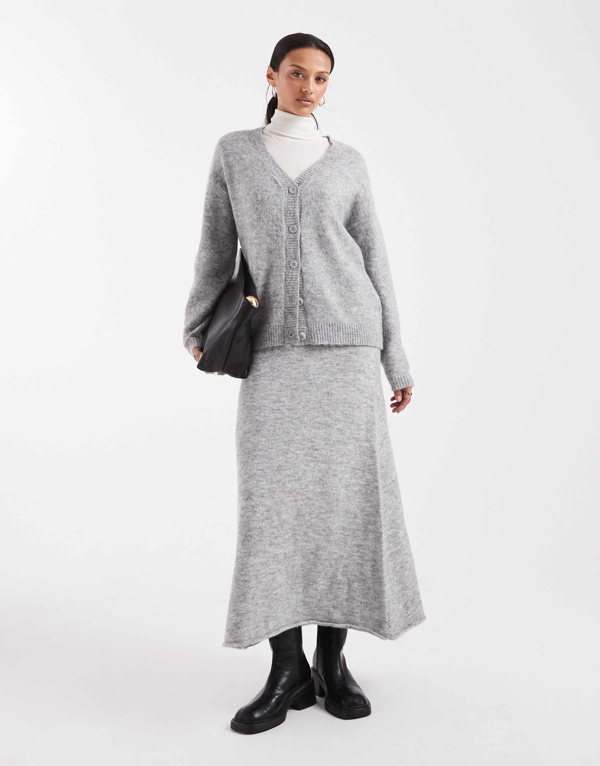 pieces fluffy knit midi skirt in medium heather gray - part of a set