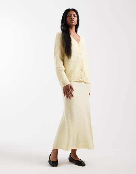 Pieces fluffy knit V-neck slouchy cardigan and midi skirt set in pale yellow - view 1
