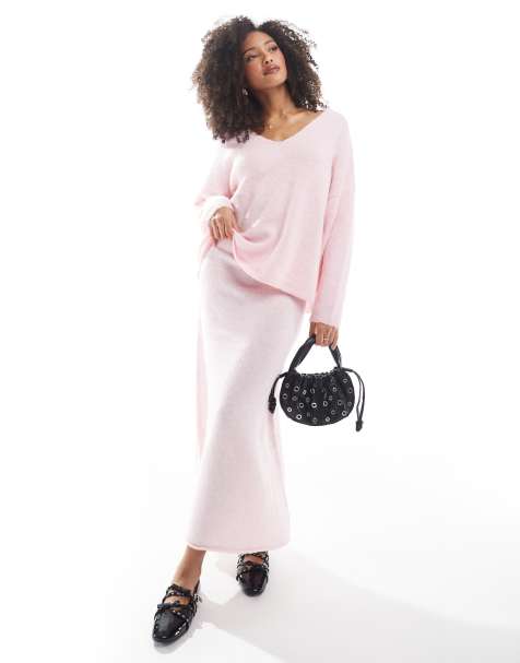 Pieces fluffy knitted maxi skirt co-ord in pink - view 1